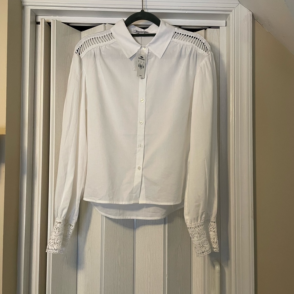 Express White Button Down Shirt With Beautiful Lace Detail. NWT